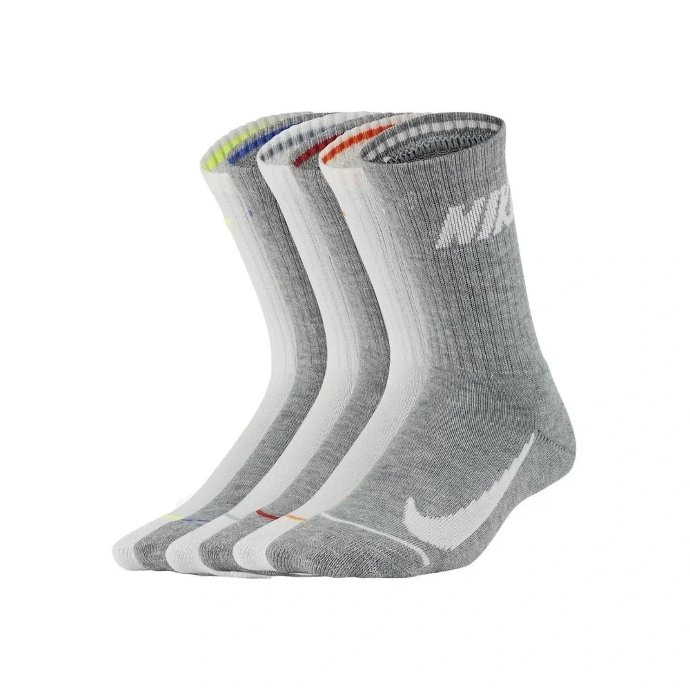 Nike‎ Kids Crew Socks 6 Pack White Grey Cushioned Size 7C-10C BN0509-001 NEW